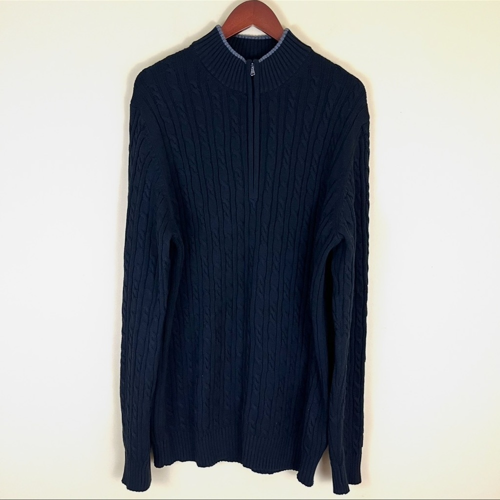 IZOD Black Luxury Crop Neck 3/4 Zip Cable Knit 100% Cotton Ribbed Sweater (XLT)